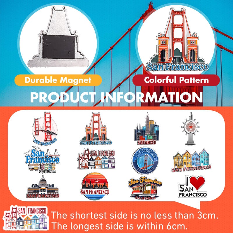 Konohan 12 Pcs San Francisco Magnets for Refrigerator Metal USA Fridge Magnet Magnetic San Francisco Souvenirs Gifts USA City Magnetic Refrigerator Stickers, Golden Gate Bridge - Image 2