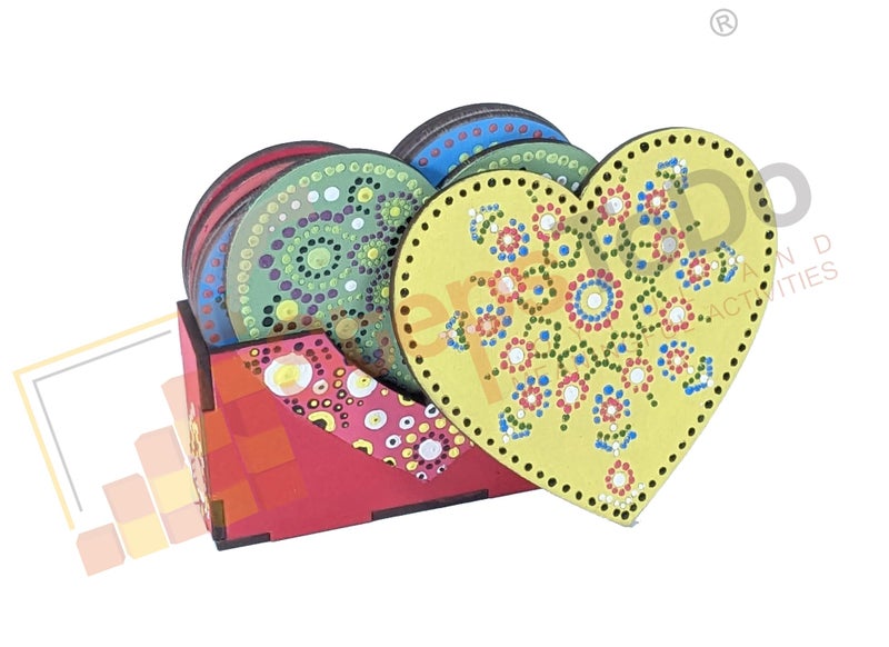 StepsToDo Wooden Dot Mandalas Paint Kit G. Mandal Art Kit Heart Shaped Tea Coaster Set of 6 (4 inch) with Coaster Holder. (Only Coasters) - Image 4