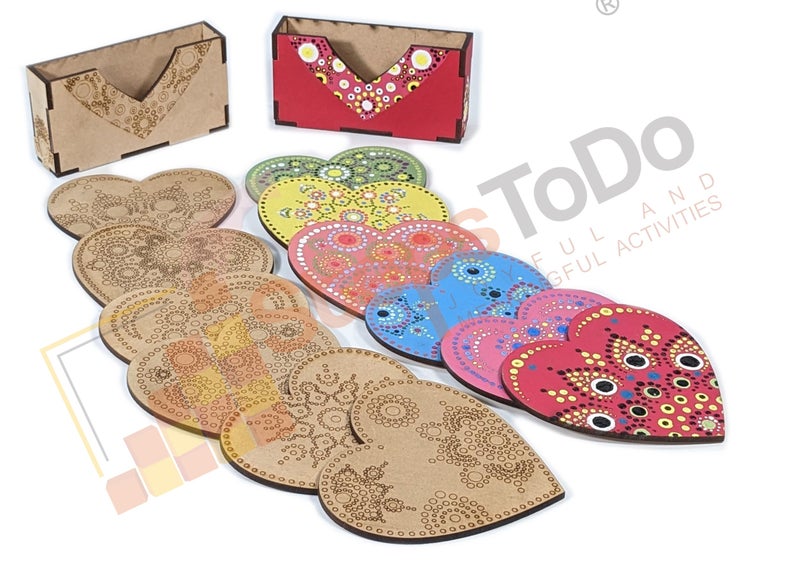 StepsToDo Wooden Dot Mandalas Paint Kit G. Mandal Art Kit Heart Shaped Tea Coaster Set of 6 (4 inch) with Coaster Holder. (Only Coasters) - Image 3