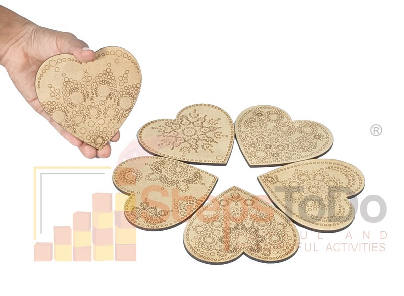 StepsToDo Wooden Dot Mandalas Paint Kit G. Mandal Art Kit Heart Shaped Tea Coaster Set of 6 (4 inch) with Coaster Holder. (Only Coasters) - Image 2