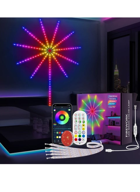 Smart Firework Led Lights USB Powered Room Decor, 30cm Color Changing Fireworks Led Lights for Bedroom with Launch Burst Effect, RGB Led Strip Lights with Remote App Control