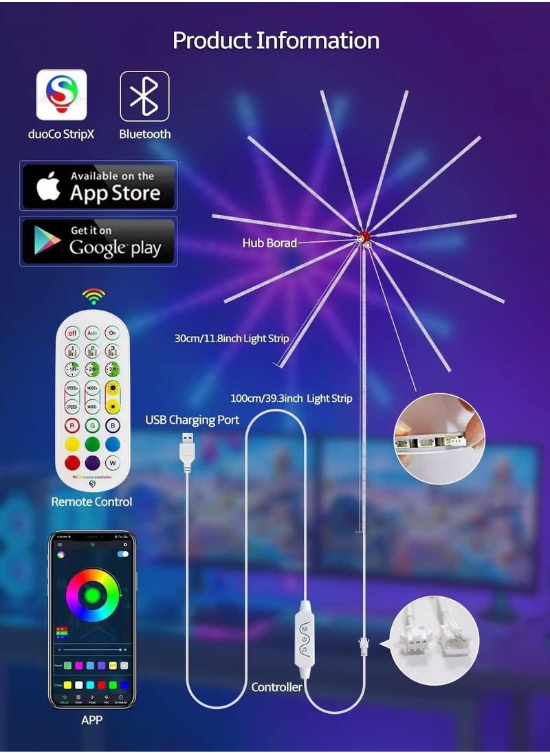 Smart Firework Led Lights USB Powered Room Decor, 30cm Color Changing Fireworks Led Lights for Bedroom with Launch Burst Effect, RGB Led Strip Lights with Remote App Control