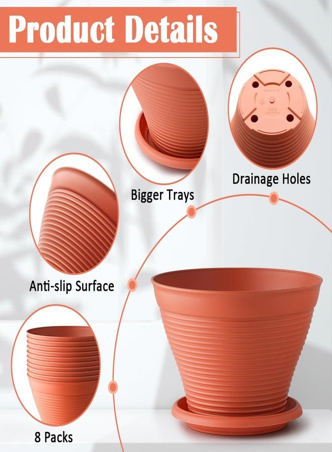 RooTrimmer 8 Pack 8 Inch Plant Pots with Saucers, Plastic Flower Pots with Drainage Holes, Large Planters for Indoor Outdoor Garden, House Plants, Flowers, Herbs, Gardening Gifts, Pottery Red - Image 4