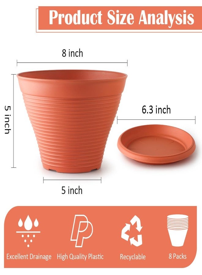 RooTrimmer 8 Pack 8 Inch Plant Pots with Saucers, Plastic Flower Pots with Drainage Holes, Large Planters for Indoor Outdoor Garden, House Plants, Flowers, Herbs, Gardening Gifts, Pottery Red - Image 2