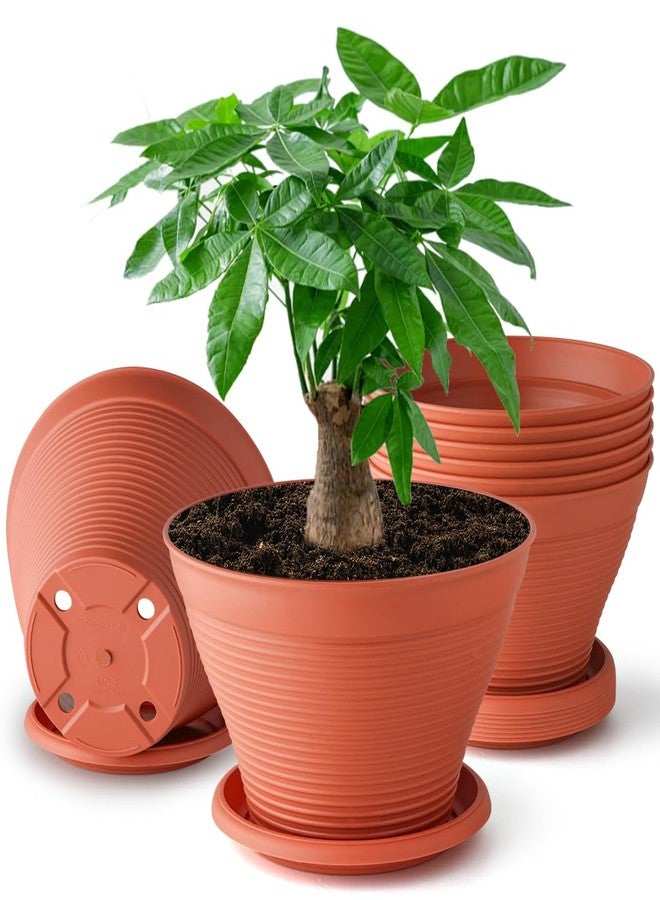 RooTrimmer 8 Pack 8 Inch Plant Pots with Saucers, Plastic Flower Pots with Drainage Holes, Large Planters for Indoor Outdoor Garden, House Plants, Flowers, Herbs, Gardening Gifts, Pottery Red - Image 1