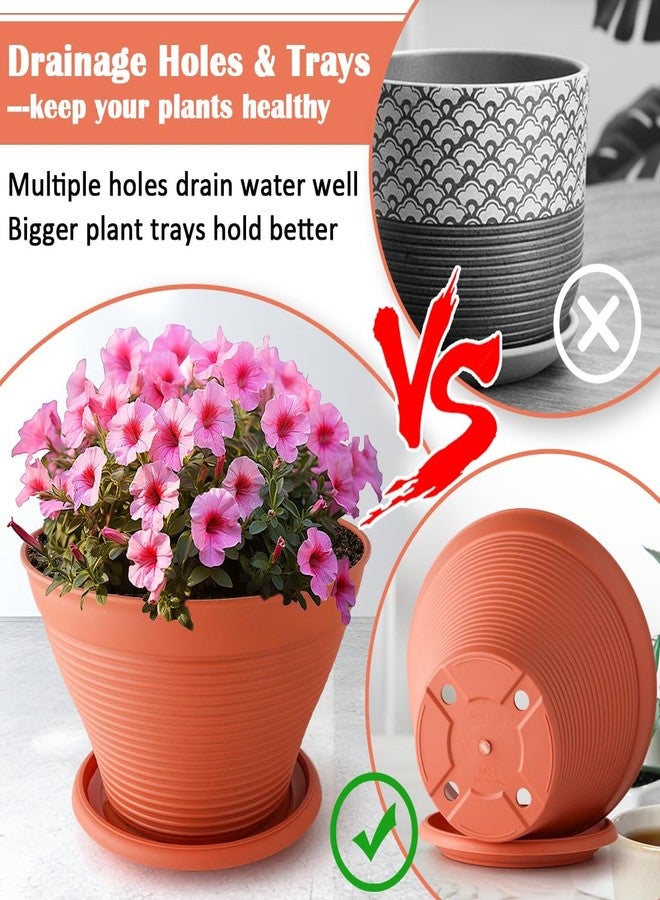 RooTrimmer 8 Pack 8 Inch Plant Pots with Saucers, Plastic Flower Pots with Drainage Holes, Large Planters for Indoor Outdoor Garden, House Plants, Flowers, Herbs, Gardening Gifts, Pottery Red - Image 3