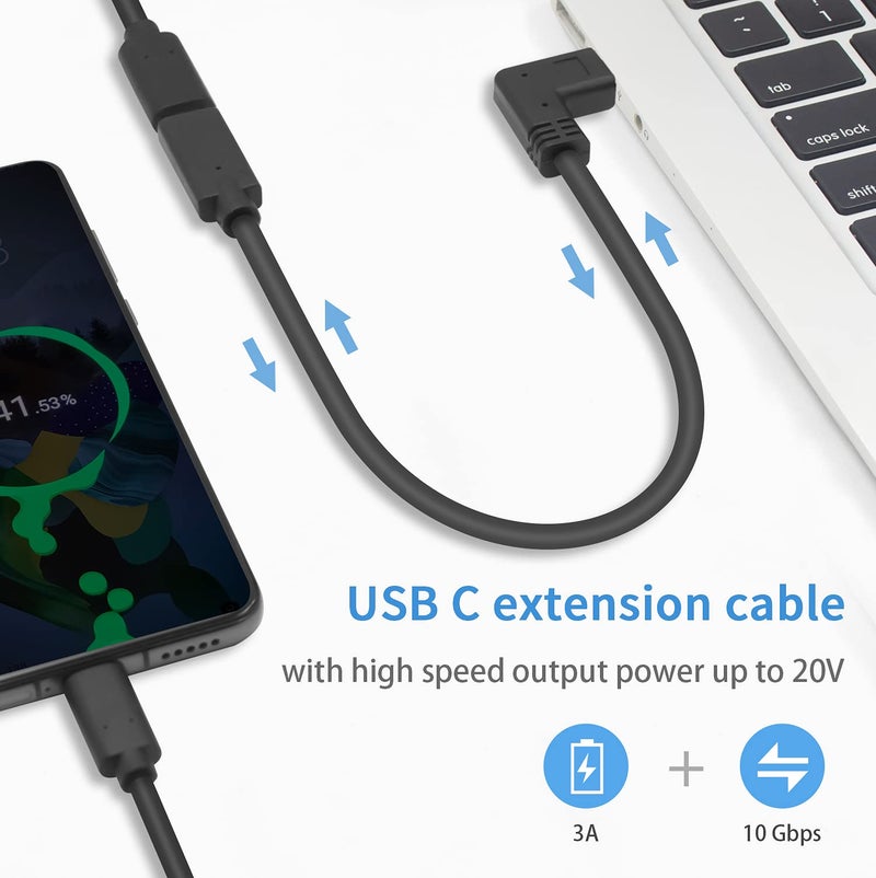 Poyiccot USB C Extension Cable 1ft, USB C Right Angle Extension Cable Short, PD 3.1 90 Degree Type C Extender Cord with 3A Fast Charing for Laptop PC Mobile Phone - Image 3