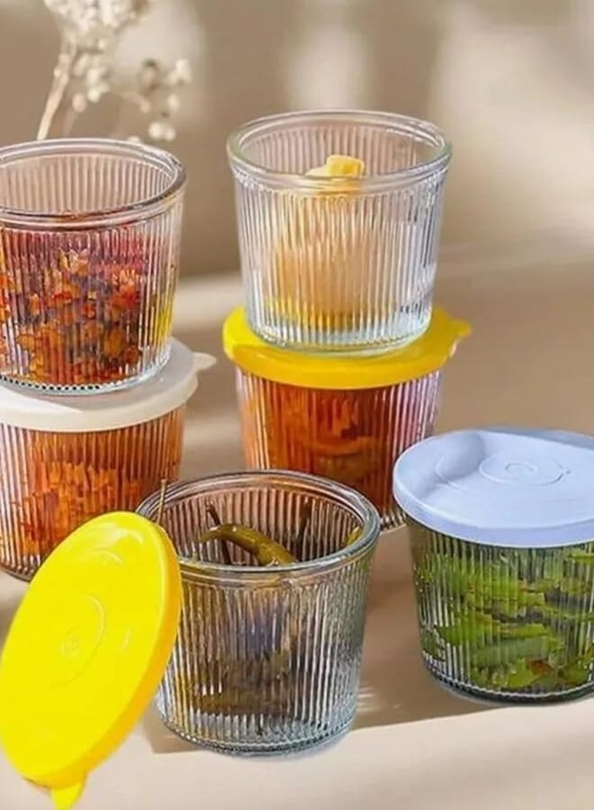 Mini Ribbed Glass Jar with Airtight Lid 200ml Small Glass Storage Containers for Spices Desserts Snacks Clear Ribbed Glass Pudding Cups with Lids