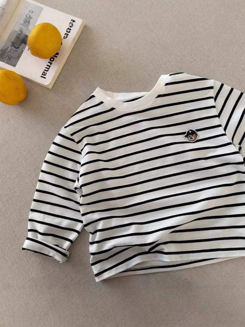 Children'S Long-Sleeved T-Shirt 2025 Japanese Style Trendy Brand Cartoon Bear T Baby Striped Base Shirt Top - Image 3