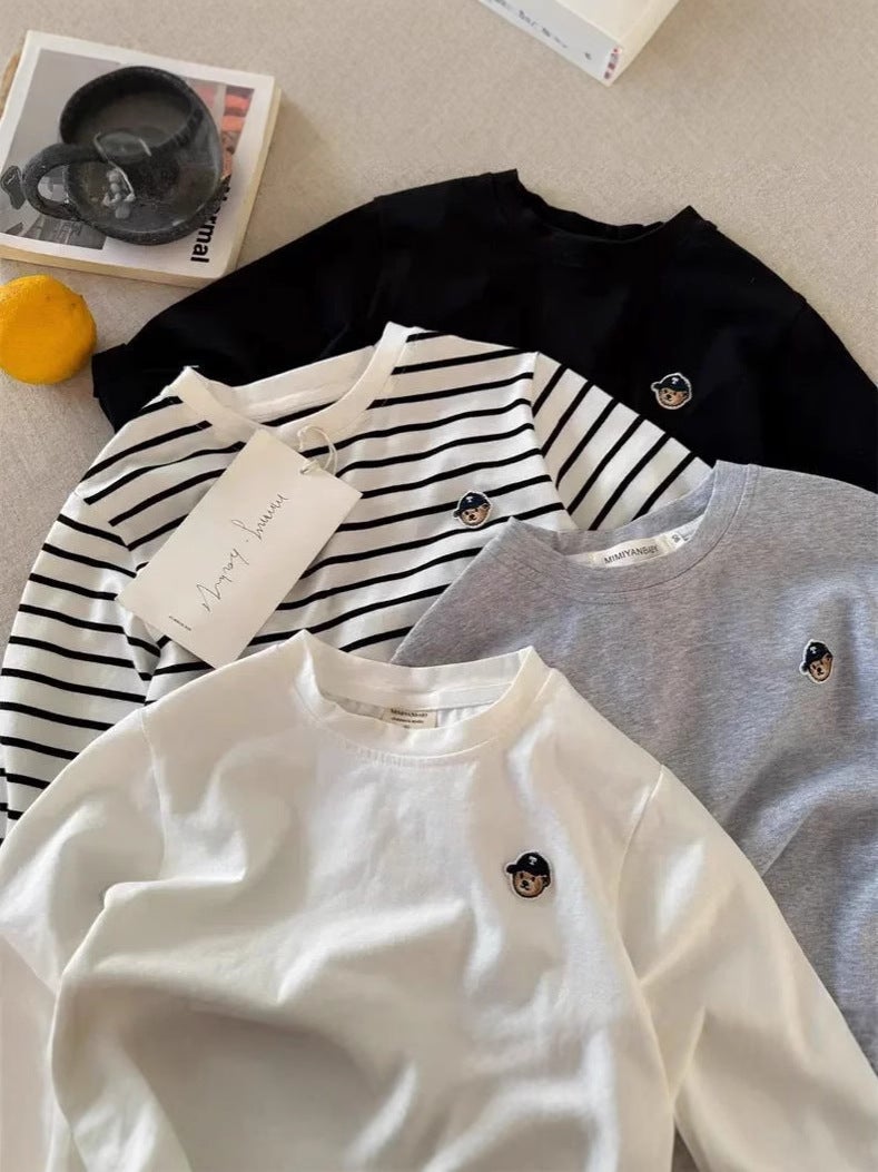 Children'S Long-Sleeved T-Shirt 2025 Japanese Style Trendy Brand Cartoon Bear T Baby Striped Base Shirt Top - Image 2