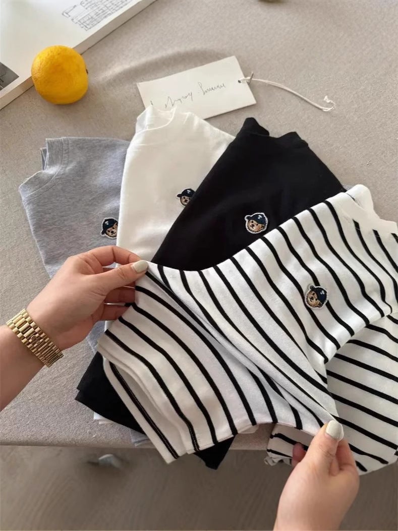 Children'S Long-Sleeved T-Shirt 2025 Japanese Style Trendy Brand Cartoon Bear T Baby Striped Base Shirt Top - Image 4