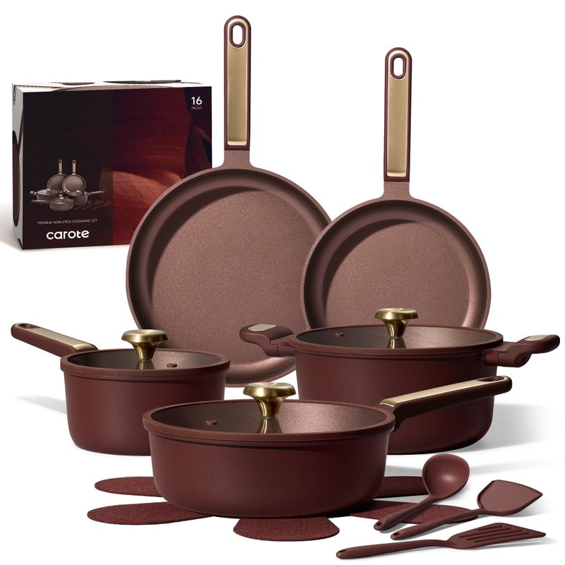 CAROTE Pots and Pans Set Nonstick, 16pcs Cookware Set Nonstick Non-Toxic & PFOA&PFOS-Free, Dishwasher, RV/Camping Cookware Set, Cooking Pots with Lids,Wine Red - Image 1