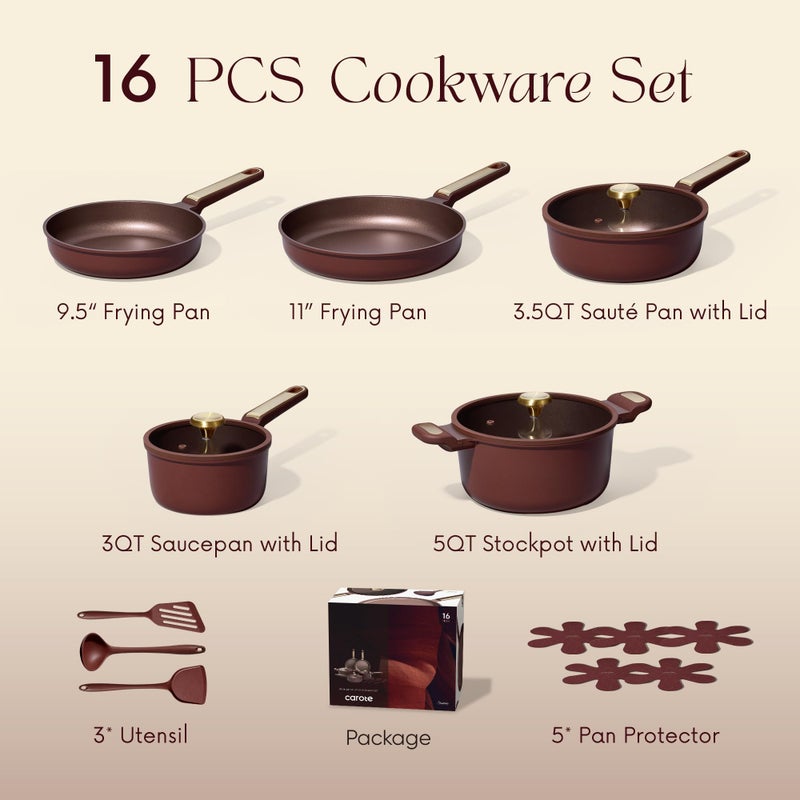 CAROTE Pots and Pans Set Nonstick, 16pcs Cookware Set Nonstick Non-Toxic & PFOA&PFOS-Free, Dishwasher, RV/Camping Cookware Set, Cooking Pots with Lids,Wine Red - Image 2