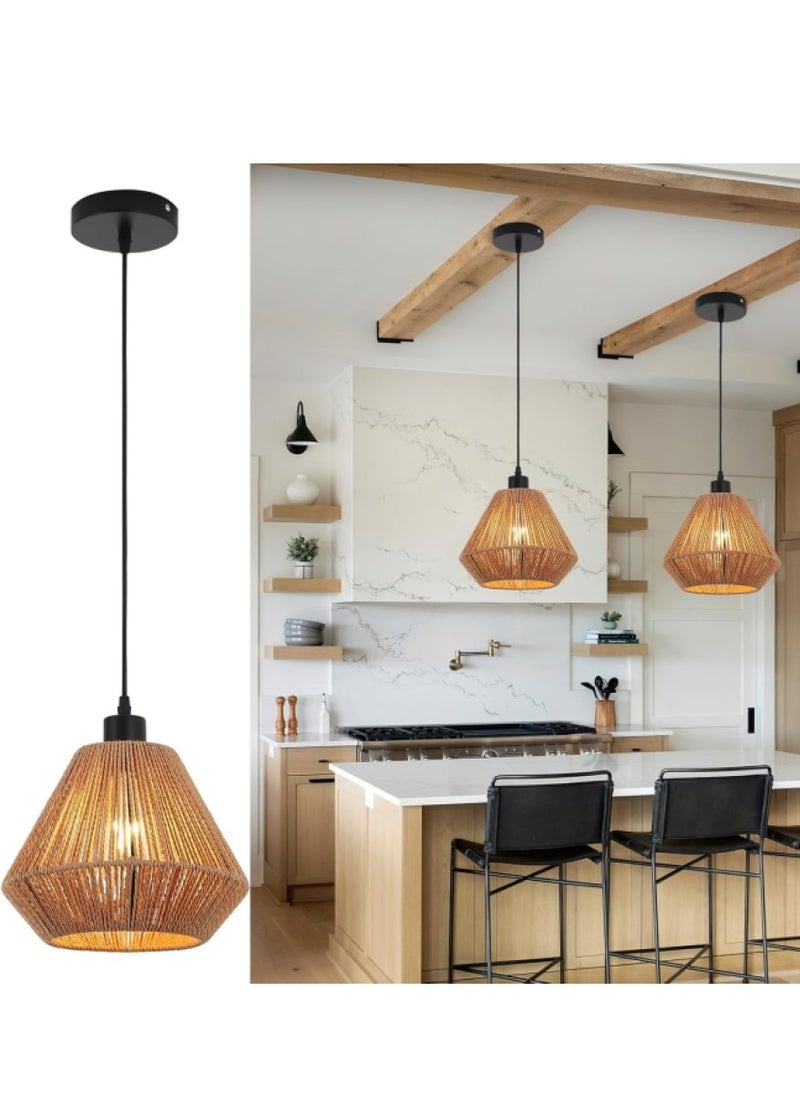 GUDOO Woven Pendant Lights Chandeliers Rustic Rattan Hanging Lamp Adjustable Handwoven Basket Shade Boho Pendant Light Fixtures for Kitchen Island Dining Room,Bedroom Farmhouse Hallway Brown 25cm  - Image 1