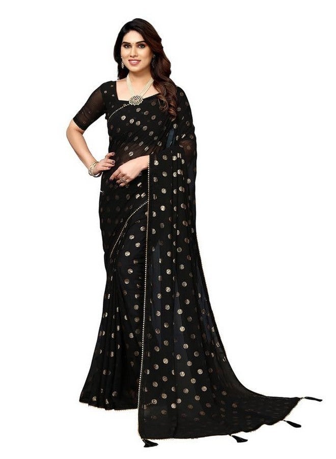 SIRIL ساري جيرجيت مطبوع بالفويل للنساء من سيريلي مع قطعة بلوزة غير مخيطة (3184S2264_أسود) - Image 1