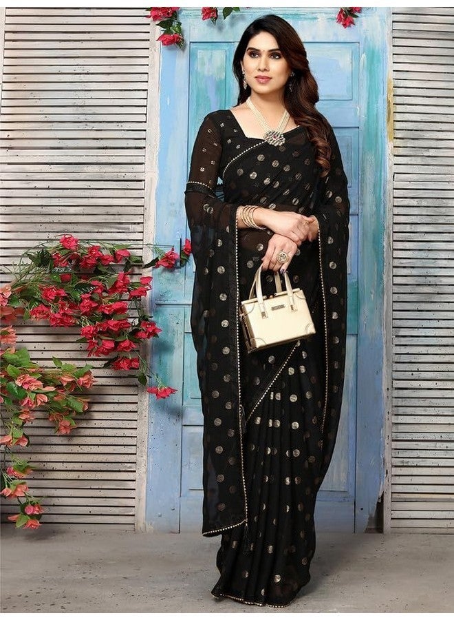 SIRIL ساري جيرجيت مطبوع بالفويل للنساء من سيريلي مع قطعة بلوزة غير مخيطة (3184S2264_أسود) - Image 5