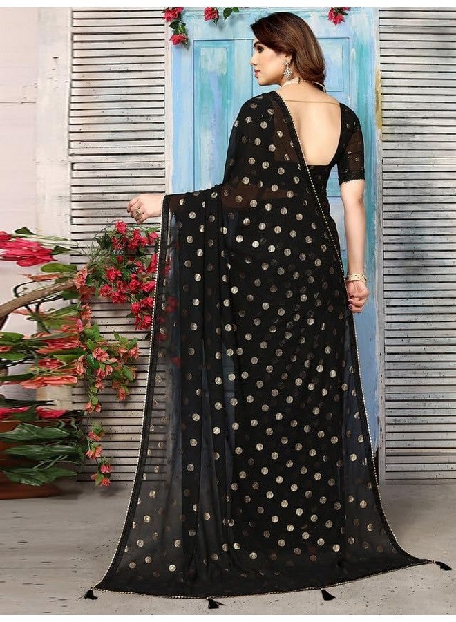 SIRIL ساري جيرجيت مطبوع بالفويل للنساء من سيريلي مع قطعة بلوزة غير مخيطة (3184S2264_أسود) - Image 3