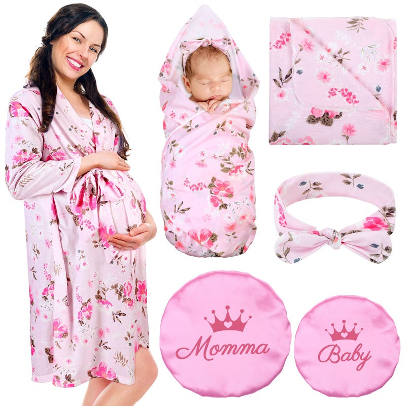 Mepase 5 Pcs Mommy and Me Hospital Matching Outfits Maternity Robe Swaddle Blanket Baby Girl Boys Headband Hat for Mom Baby(Light Pink,Large) - Image 1