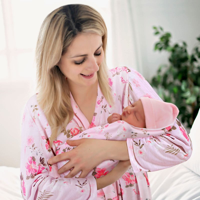 Mepase 5 Pcs Mommy and Me Hospital Matching Outfits Maternity Robe Swaddle Blanket Baby Girl Boys Headband Hat for Mom Baby(Light Pink,Large) - Image 5