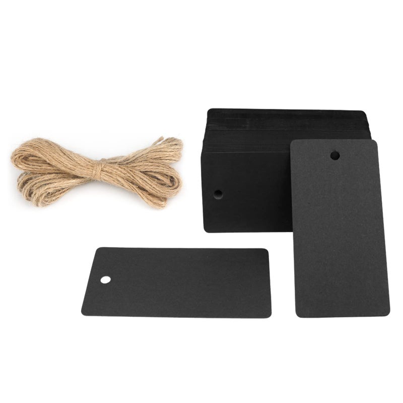 G2PLUS Black Gift Tags with String 100PCS Blank Paper Hang Tags 35x17 in Black Paper Tag Rectangle Label for Gift Wrapping DIY Arts Crafts Graduation Halloween Party Favors