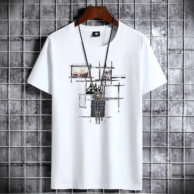 Short-sleeved T-shirt Men's Cotton Summer Hong Kong Fashion Brand Student's Personality Fashion Large Size Loose Round Neck Printed T-shirt Fashion - Image 2