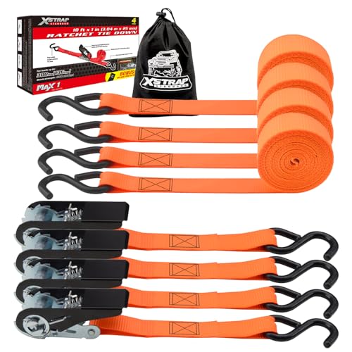 XSTRAP STANDARD Ratchet Tie Down Straps 4 Pk 10 Ft- 300 Lbs Load Cap- 900 Lbs Break Strength-Cargo Straps for UTV, ATV, Pickup,Truck, Moving Appliances, Lawn Equipment, Orange - Image 1