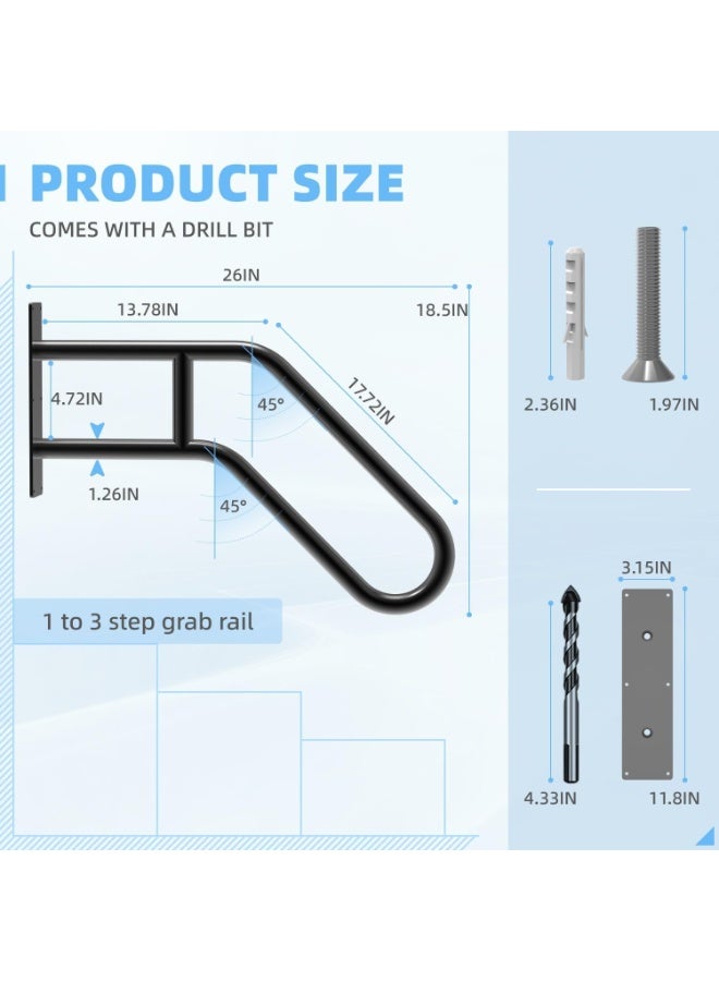 Arabest Handrails for Outdoor Steps Wall Mount, Railings for 1-3 Steps, U-Shaped Handrail with Matte Black Finished, Stair Handrails for Kids, Elderly, Pregnant Women, Disabled (26" Length, Black) - Image 4