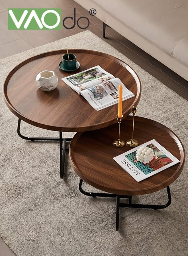 فاو دو طاولتان دائريتان للقهوة، طاولات جانبية بإطار فولاذي لغرفة المعيشة أو غرفة النوم أو الشرفة، طاولات غرفة المعيشة بأثاث خشبي وإطار معدني، طاولات جانبية متينة قابلة للتكديس، سهلة التجميع - Image 1