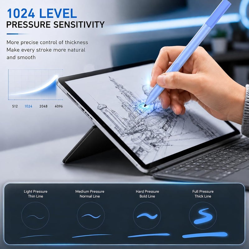 قلم لـ Surface، مع 2500 ساعة عمل، 1024 مستوى ضغط، ممحاة ونقر يمين، رفض راحة اليد لـ Surface Pro 11/10/9/8/X/7+/7/6/5/4/3، Surface Go 4/3/2/1، Surface Laptop/Studio/Book 5/4/3/2/1 - Image 4
