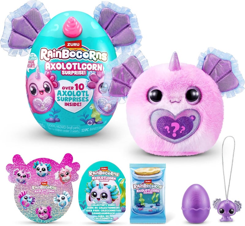 راينبوكورنز لعبة Rainbocorns Axolotlcorn Surprise Plush مع Baby Boo-Boocorn و10 مفاجآت ممتعة، لعبة بيضة ناعمة قابلة للفقس مع قلب سحري وإكسسوارات - اجمع جميع شخصيات Axolotl الستة - Image 1