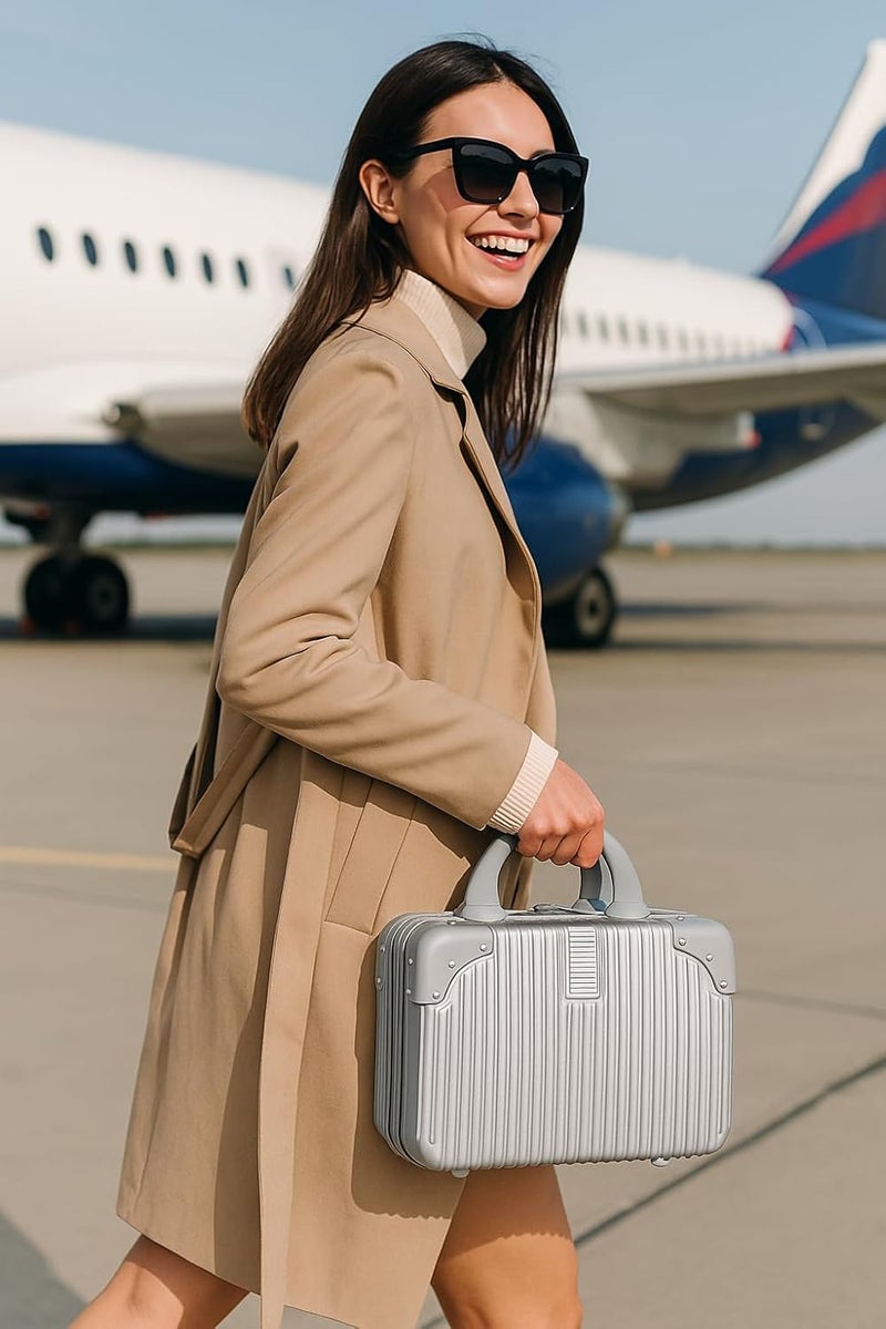 SUNBEET Portable Hard Shell Makeup Box/Cosmetic Travel Case, Small Travel Hand Luggage With Elastic Band, Mini Abs Carrying Makeup Case Suitcase (T-Silver, 5 Cm) - Image 4