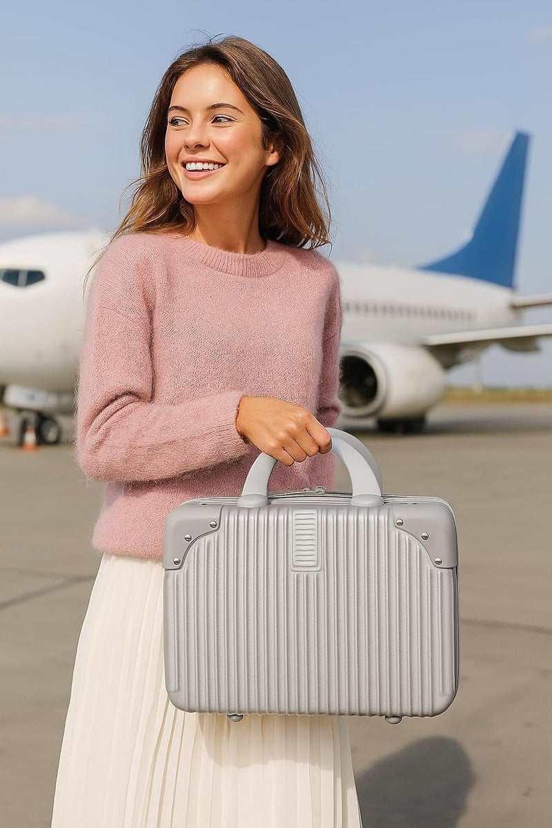 SUNBEET Portable Hard Shell Makeup Box/Cosmetic Travel Case, Small Travel Hand Luggage With Elastic Band, Mini Abs Carrying Makeup Case Suitcase (T-Silver, 5 Cm) - Image 5