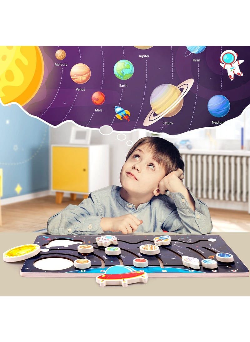 KASTWAVE - Wooden Solar System Puzzles, for Kids Ages 3-5, Toddlers Planet Outer Space Toys Preschool Learning Activities Montessori Educational Toys Space Busy Board Gifts for Boys Girls, 8.7 x 15.75 inches - Image 1