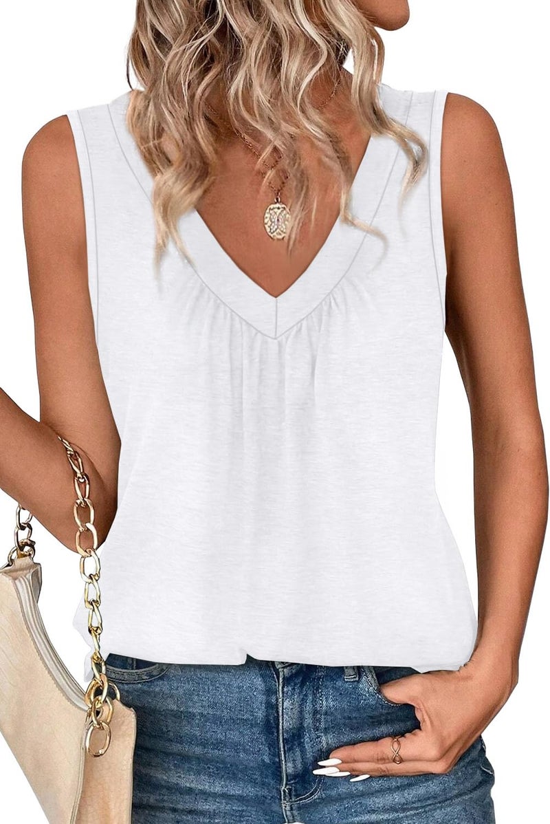 OFEEFAN Tank Top for Women Beach Vacation Clothes Summer Sleeveless Outfit White V Neck T Shirts Dressy Casual XL - Image 3