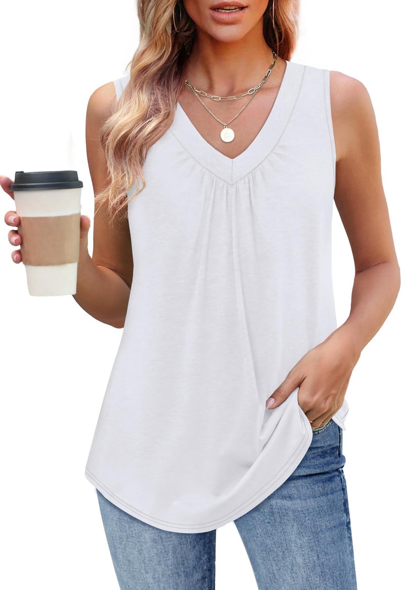 OFEEFAN Tank Top for Women Beach Vacation Clothes Summer Sleeveless Outfit White V Neck T Shirts Dressy Casual XL - Image 2