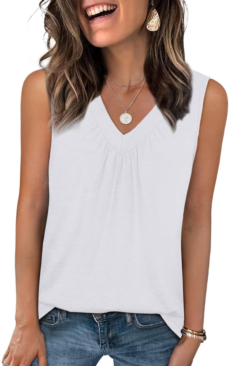 OFEEFAN Tank Top for Women Beach Vacation Clothes Summer Sleeveless Outfit White V Neck T Shirts Dressy Casual XL - Image 1