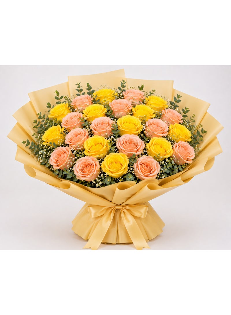 CRESCENT Flowers 24 Premium Fresh Rose Bouquet, Yellow & Peach Roses with Baby's Breath & Eucalyptus, Golden Yellow Wrapped - Image 1