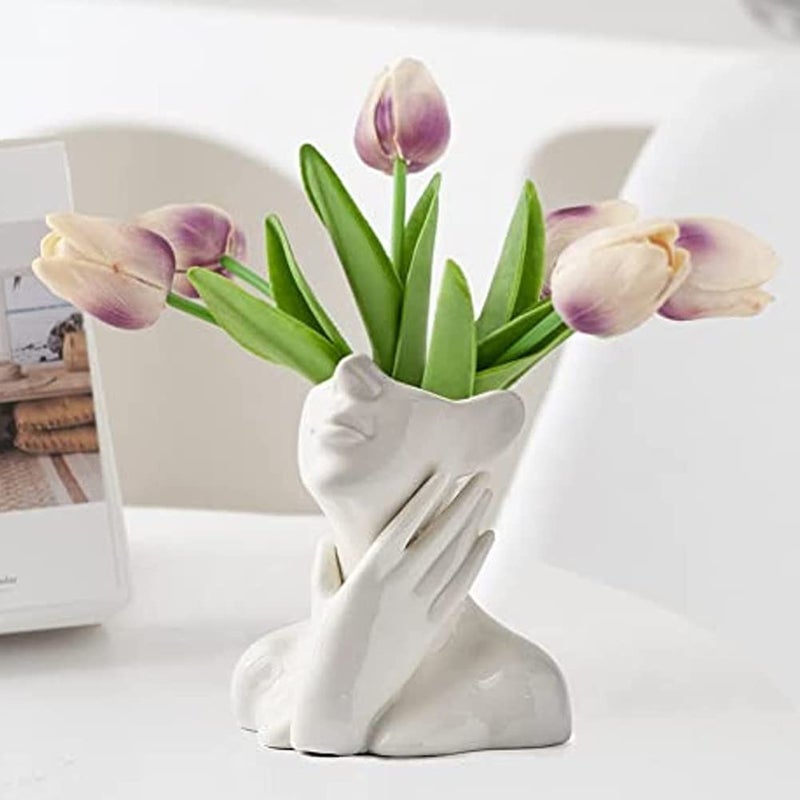 White Ceramic Face Vase Female Form Head Half Body Bust Vases Boho Feminist Minimalism Decorative Modern Nordic Style Flower Vase for Home Living Room Office Book Shelf Decor Medium