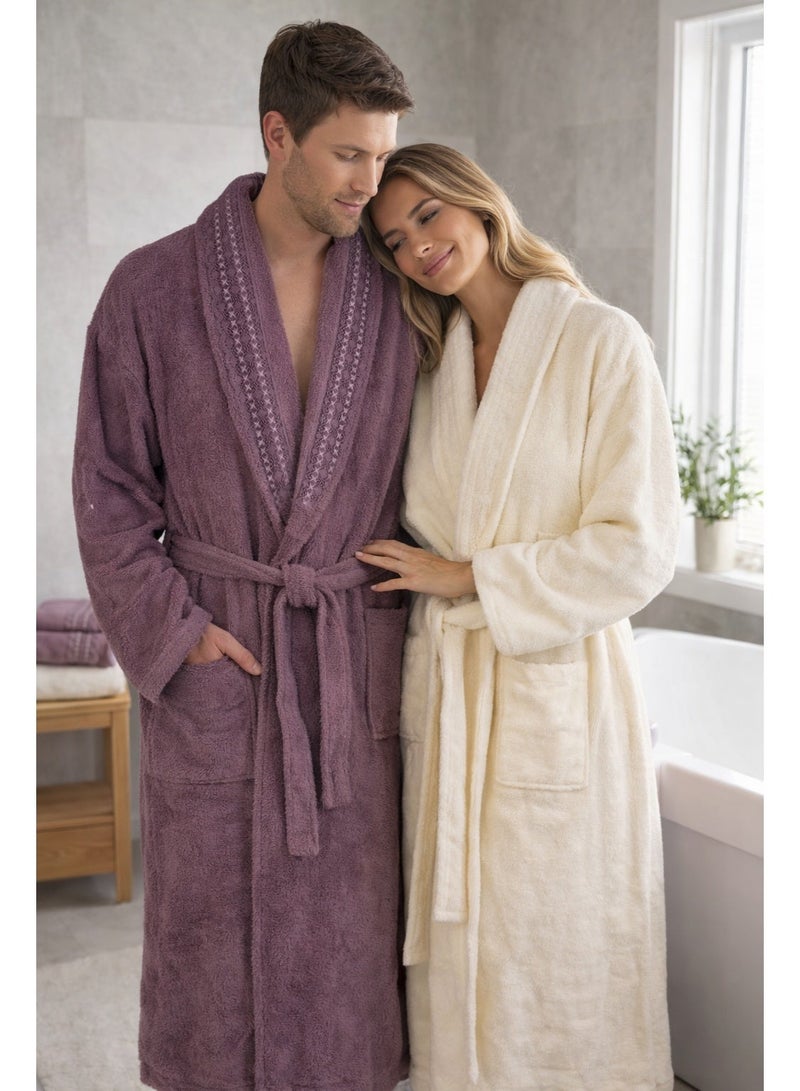 Safi Plus 2 Piece Couple Bathrobe & 4 Piece Towels Set - Premium Quality, Soft & Absorbent Turkish Cotton, 6-Piece Family Pack  (Cream/Damson) - Image 1