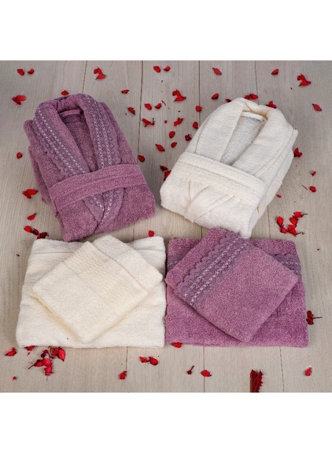 Safi Plus 2 Piece Couple Bathrobe & 4 Piece Towels Set - Premium Quality, Soft & Absorbent Turkish Cotton, 6-Piece Family Pack  (Cream/Damson) - Image 3