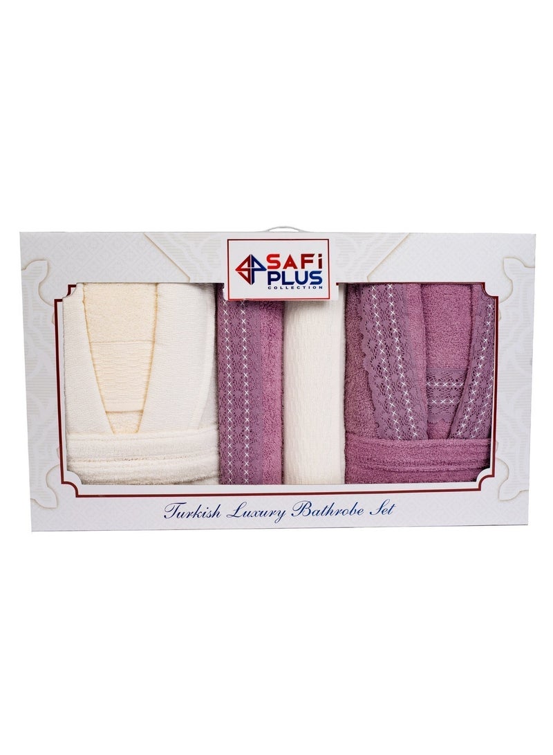 Safi Plus 2 Piece Couple Bathrobe & 4 Piece Towels Set - Premium Quality, Soft & Absorbent Turkish Cotton, 6-Piece Family Pack  (Cream/Damson) - Image 2