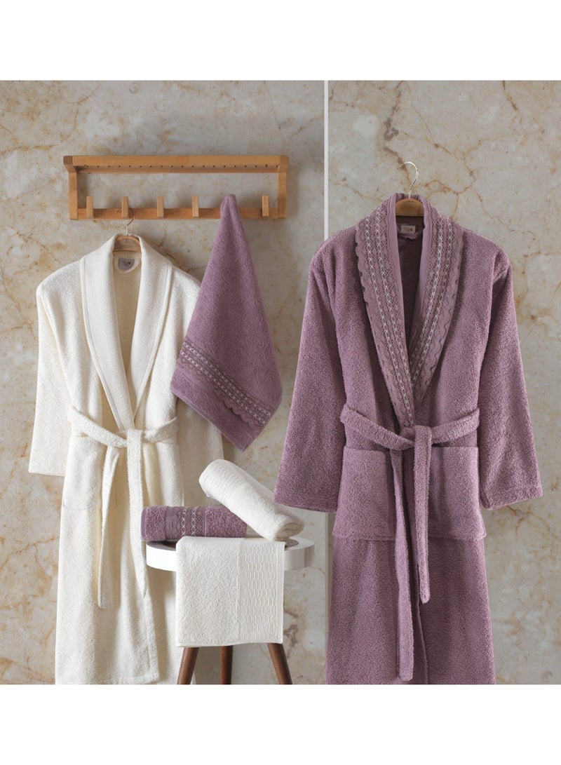 Safi Plus 2 Piece Couple Bathrobe & 4 Piece Towels Set - Premium Quality, Soft & Absorbent Turkish Cotton, 6-Piece Family Pack  (Cream/Damson) - Image 4
