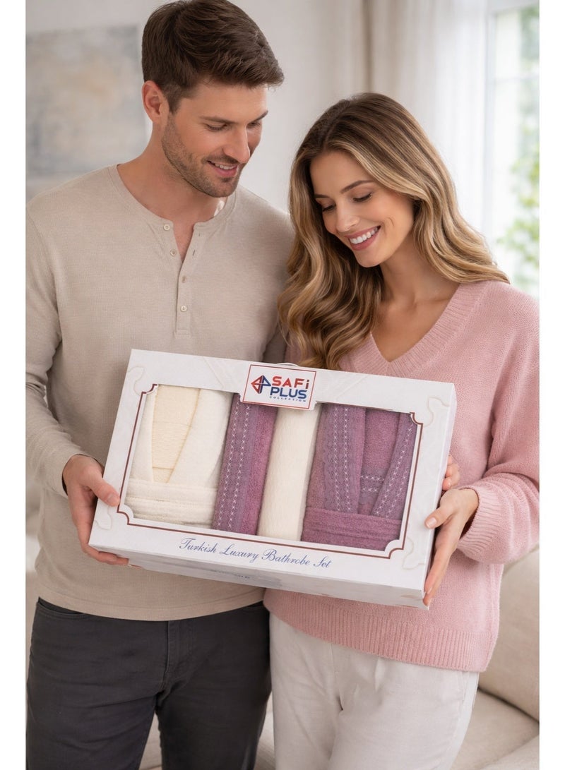 Safi Plus 2 Piece Couple Bathrobe & 4 Piece Towels Set - Premium Quality, Soft & Absorbent Turkish Cotton, 6-Piece Family Pack  (Cream/Damson) - Image 5