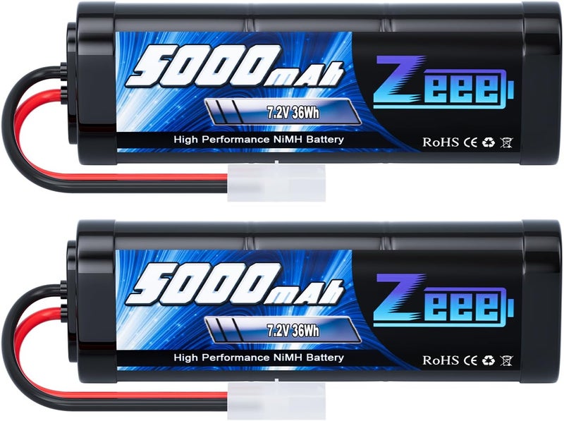 زي حزمة بطارية Zeee 7.2 فولت 5000 مللي أمبير في الساعة من نوع NiMH مع موصل تاميا، 6 خلايا قابلة لإعادة الشحن عالية الطاقة لسيارات RC والشاحنات والتروجي والباجي من موديلات Associated وHPI وLosi وKyosho وTamiya الهواة (عبوة من قطعتين) - Image 1