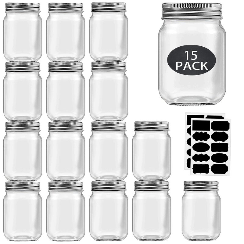 Rainforce 16 oz Mason Jars With Lids Regular Mouth 15 Pack-16oz Glass Jars with Silver Lids,Bulk Pint Clear Glass Jars For Meal Prep, Food Storage With 20 Labels - Image 1