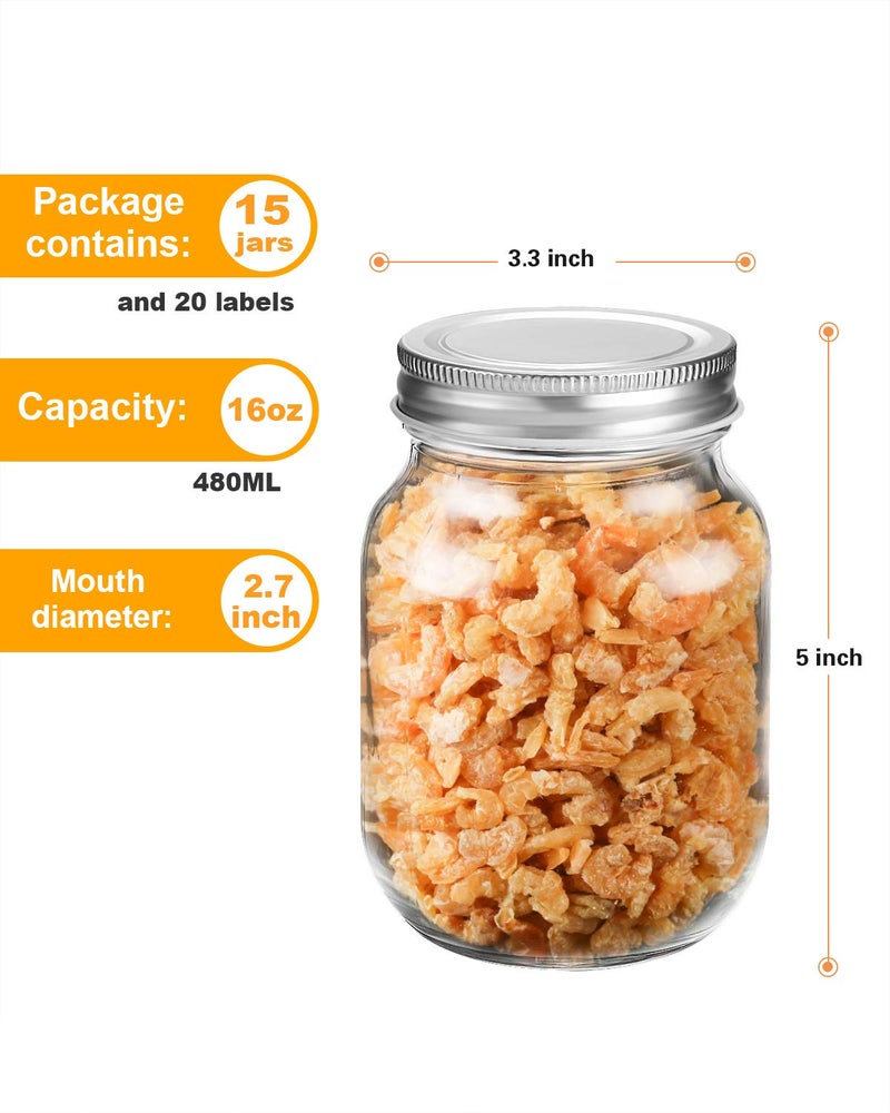 Rainforce 16 oz Mason Jars With Lids Regular Mouth 15 Pack-16oz Glass Jars with Silver Lids,Bulk Pint Clear Glass Jars For Meal Prep, Food Storage With 20 Labels - Image 4