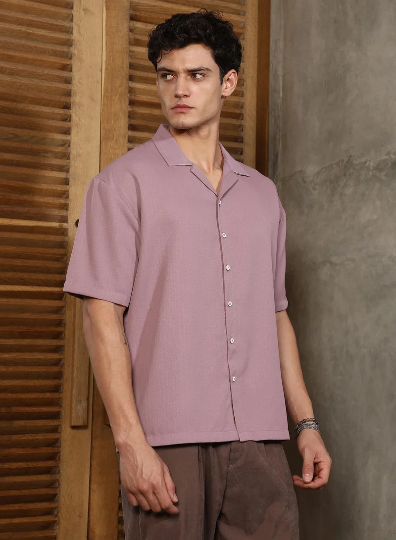 Campus Sutra Campus Sutra Men's Rouge Pink Solid Cuban Relaxed Shirt For Casual Wear | Cuban Collar | Short Regular Sleeves | Button Closure | Shirt Crafted With Comfort Fit For Everyday Wear