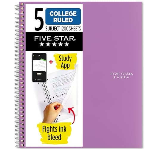 Five Star Spiral Notebook + Study App, 5 Subject, College Ruled Paper, 8-1/2" x 11", 200 Sheets, Fights Ink Bleed, Water Resistant Cover, Amethyst Purple (38748) - Image 1