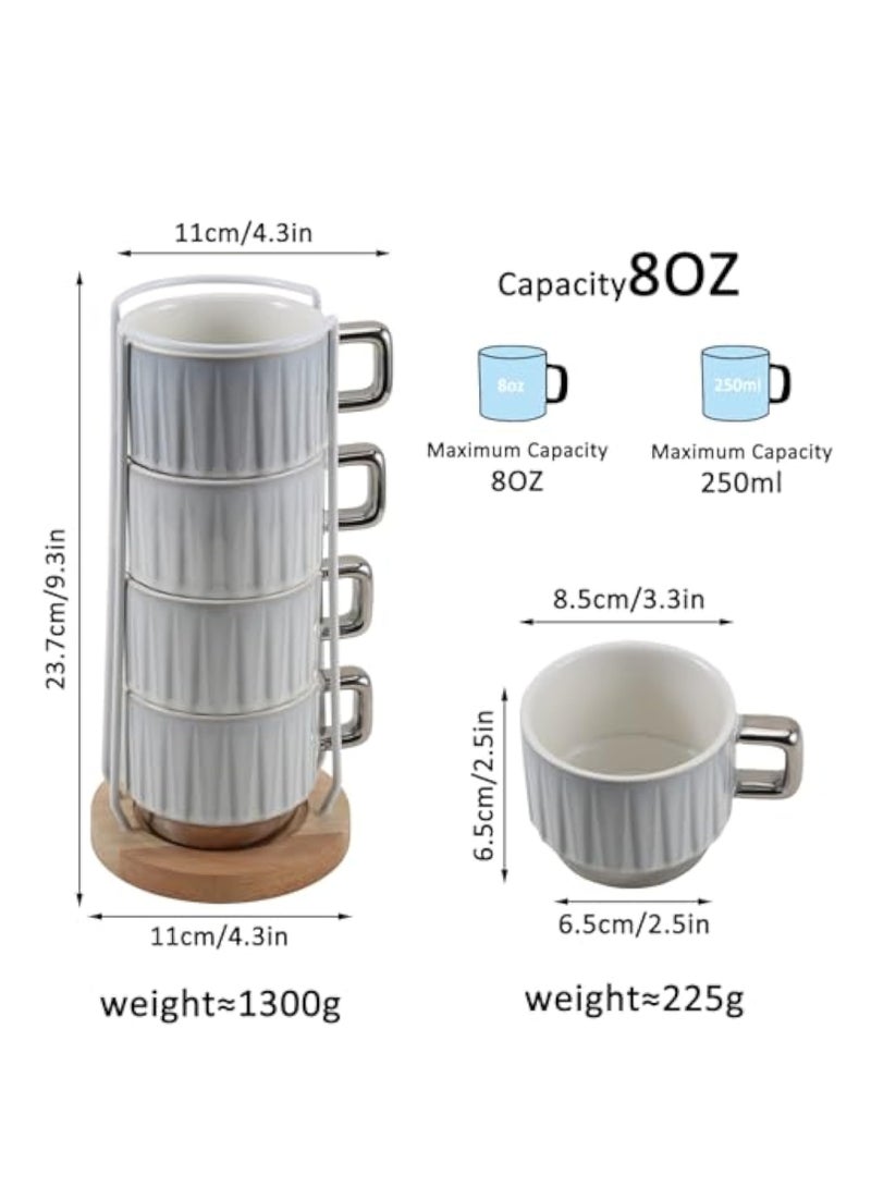 KASTWAVE Ceramic Coffee Cup 4 Set, Stackable Coffee Mugs with Rack, 9 oz Coffee Mugs with Handles, Ceramic Coffee Cups, Cappuccino Coffee Cups, Stackable Mugs with Rack, for Coffee, Tea, Cocoa, Milk, Latte - Image 4
