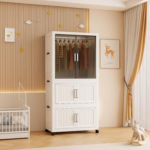 Ticoh 3-Door Plastic Wardrobe for Kids| Almirah and Wardrobe for Baby Clothes| Modular Storage Cabinet with Wheels| Kids Multi-Purpose Collapsible Wardrobe for Shoes/Books/Toy- White - Image 1